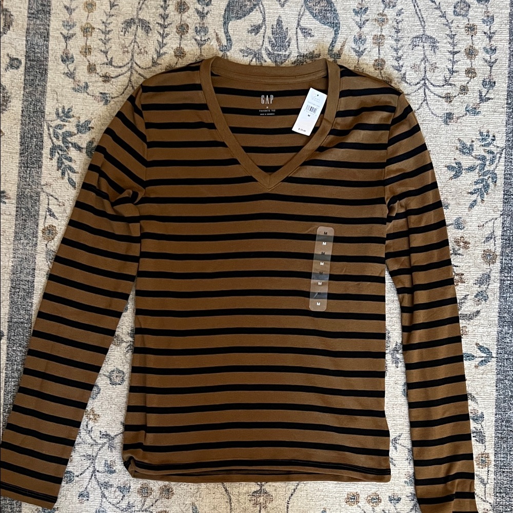 GAP Tan and Black Striped V-Neck Shirt